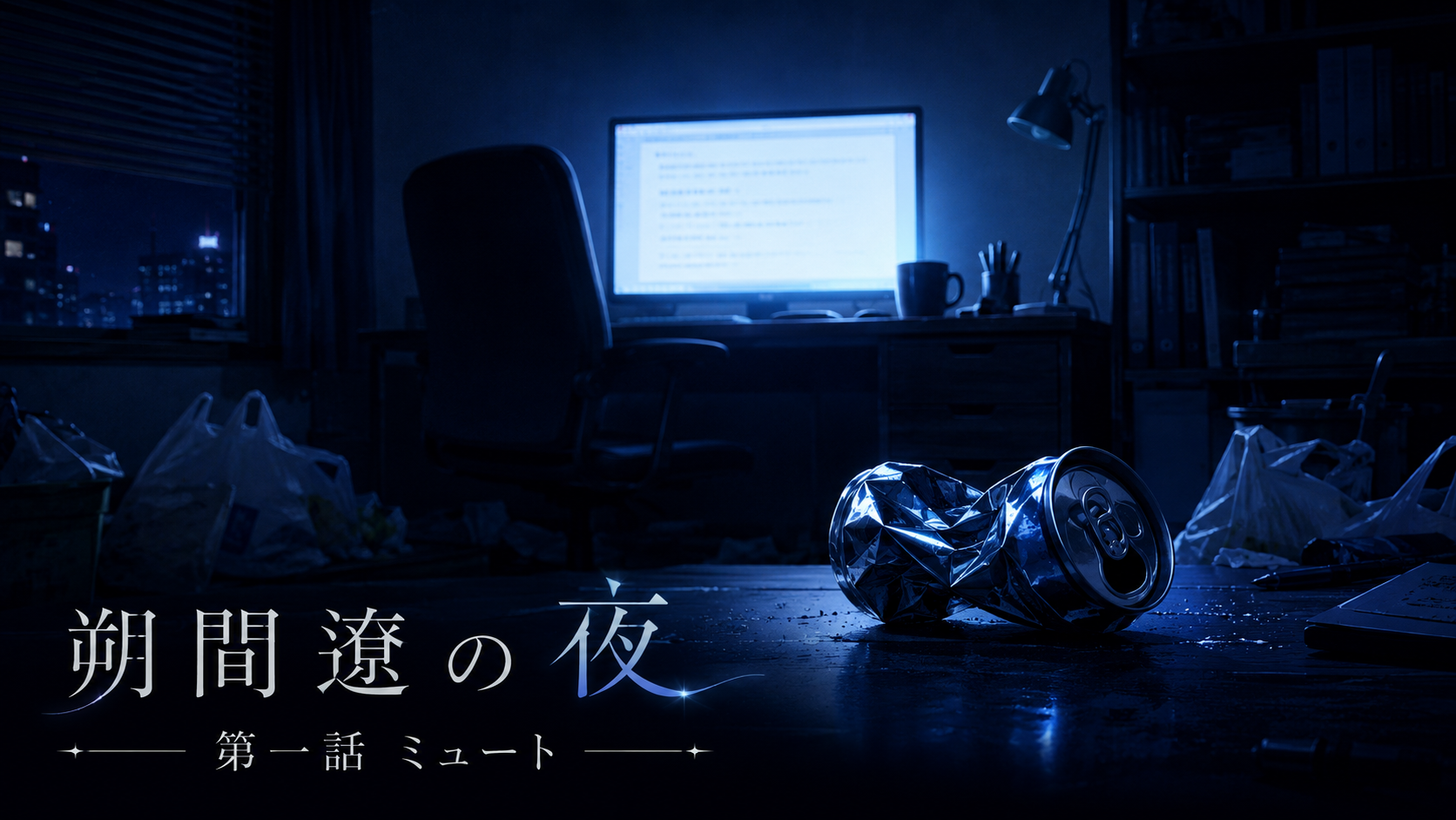 深夜の暗い部屋でモニターだけが青白く光る。床にはコンビニ袋、机には握り潰した缶。連作ミステリー『顔のない探偵へ』スピンオフ「朔間遼の夜」第1話のアイキャッチ